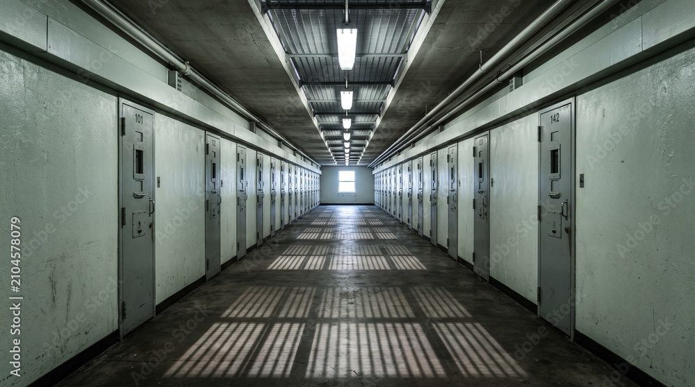 Fototapeta premium Symmetrical view of an empty prison corridor with numbered metal doors and harsh light shadows for incarceration and confinement concept