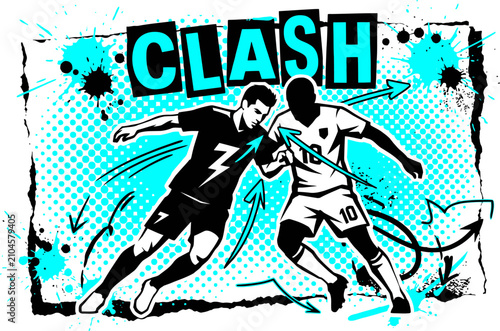 Tableau sur toile Urban soccer clash vector illustration, competitive football players in action,
