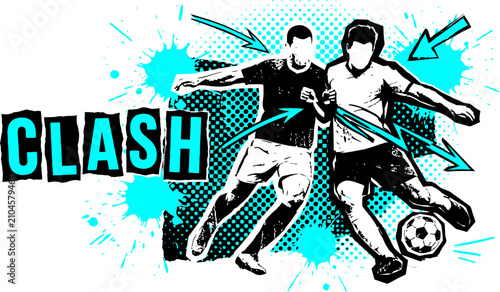 Bild auf Leinwand Dynamic soccer clash vector, energetic football players duel with ball, grunge s