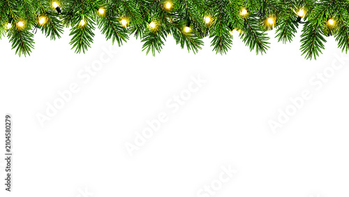 Christmas Pine Branch Border with Glowing String Lights and Copy Space, Transparent Background