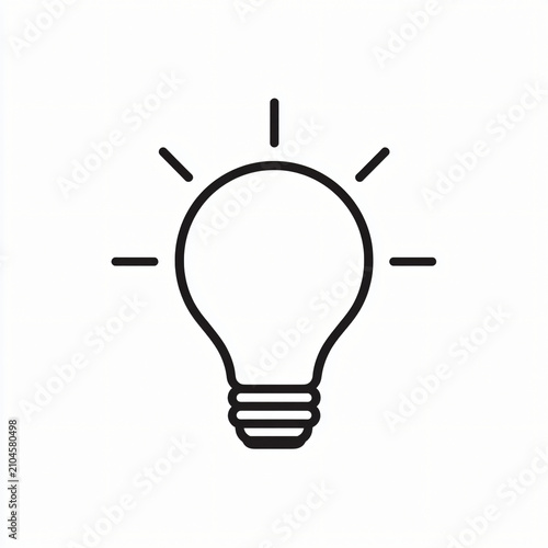 Minimalist black and white line drawing light bulb icon with three rays