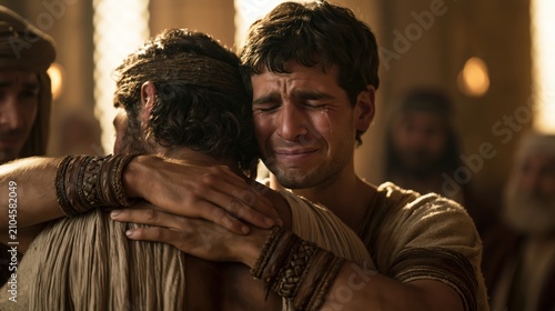 Joseph embracing his brothers after revealing his identity in an emotional moment of reconciliation and forgiveness.
