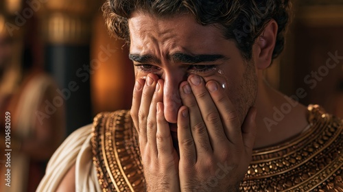 Joseph weeping alone in a private chamber after seeing his brothers in Egypt.