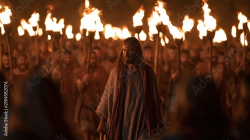 Gideon leading his three hundred men with torches against the Midianite camp at night.
