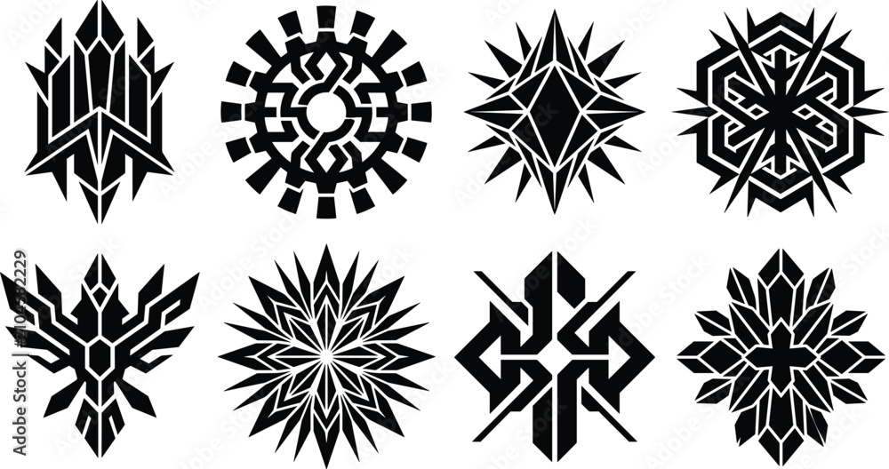 Obraz premium Abstract Geometric Emblem Silhouette Collection with Crystal Shapes Tech Symbols and Decorative Crest Designs