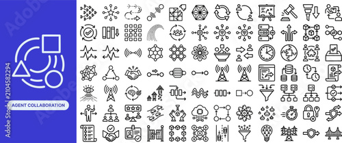 Cuadro en lienzo AI agent collaboration outline icon set with multi agent network, signal relay, swarm node, handoff, and consensus symbols