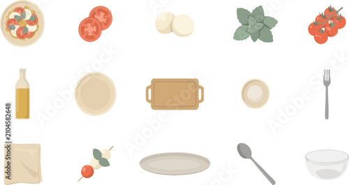 Minimalist caprese salad ingredients and kitchen utensils icon set for italian restaurant menu design elements
