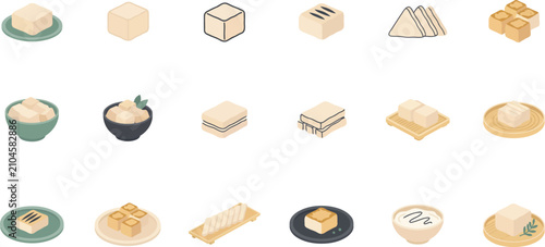 Fotografie Minimalist flat vector tofu icons showing various cubes, blocks, and serving dis