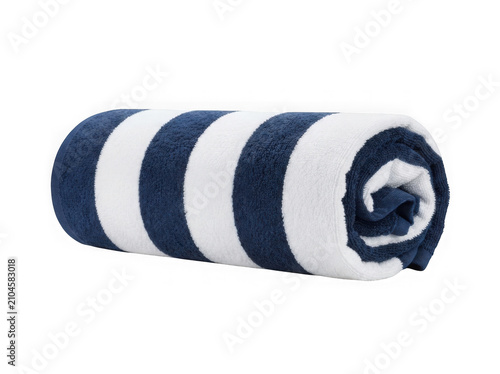 A rolled blue and white striped bath towel