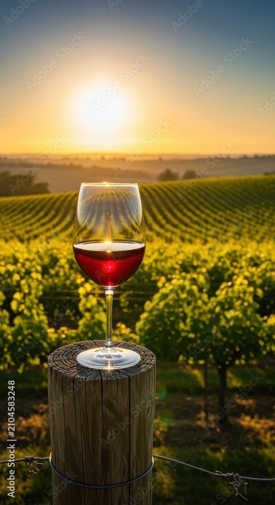 Obraz premium Lush green vineyards stretching into the horizon under a warm golden sunset with a crystal glass of red wine resting on a rustic wooden post, outdoors, plant, rustic