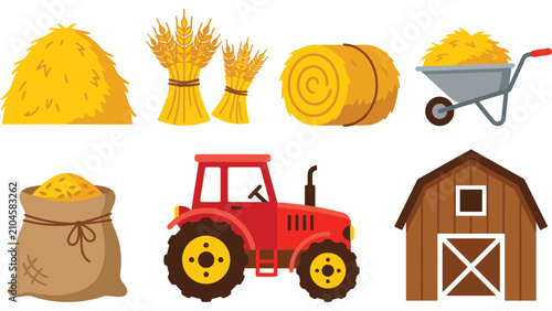 Autumn farm harvest icons set. Agricultural tractor and hay bale vector illustrations.