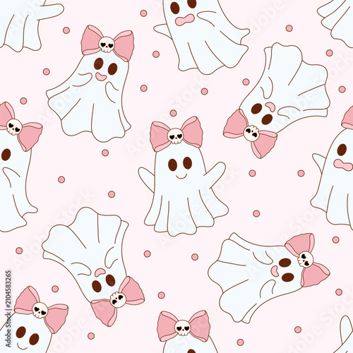 Cute Ghost with Pink Bow Seamless Pattern for Halloween, Kawaii Spooky Background