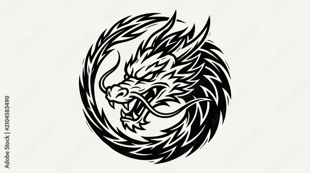 Obraz premium Circular dragon head logo emblem with intricate scales and fantasy details.