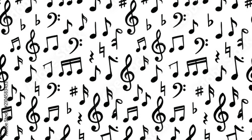 Black music notes and symbols seamless repeating pattern on white.
