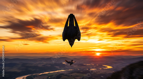Skydiver plunges headfirst into an epic sunset over a vast landscape, embodying the ultimate thrill and freedom of extreme aerial adventure sports