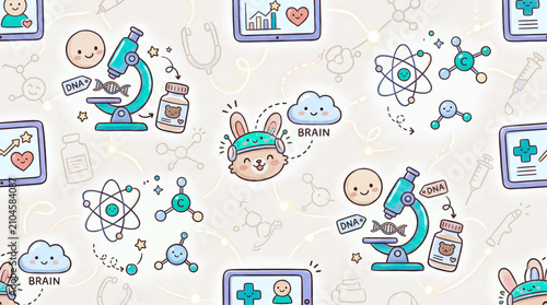 A cute seamless pattern background featuring a cartoon bunny wearing a tech headset microscopes atoms medicine bottles and medical monitors in a futuristic pediatric science concept