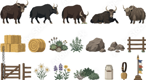 Flat Vector High-Altitude Farm Yak Collection with Hay Bales and Alpine Flora