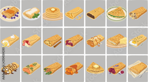 Cuadro en lienzo Set of delicious crepe and pancake illustrations featuring various sweet and sav