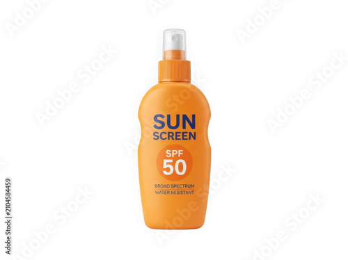 Orange plastic bottle of sunscreen spray with spf 50 protection for summer skin care
