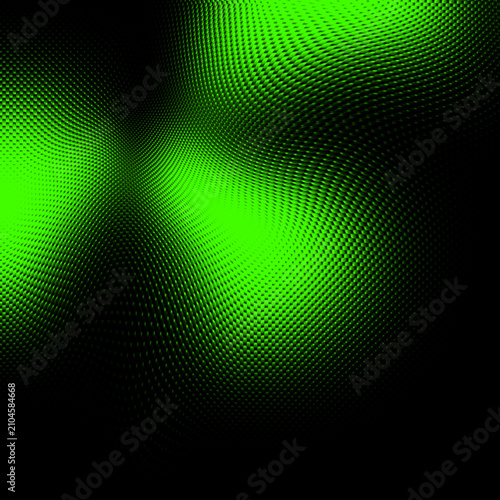 Abstract green texture background featuring glowing halftone dots with wavy motion and deep dark shadows