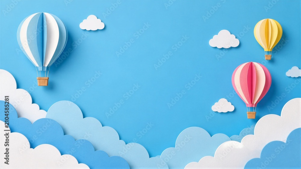 Obraz premium Paper hot air balloons floating above layered cloud backdrop