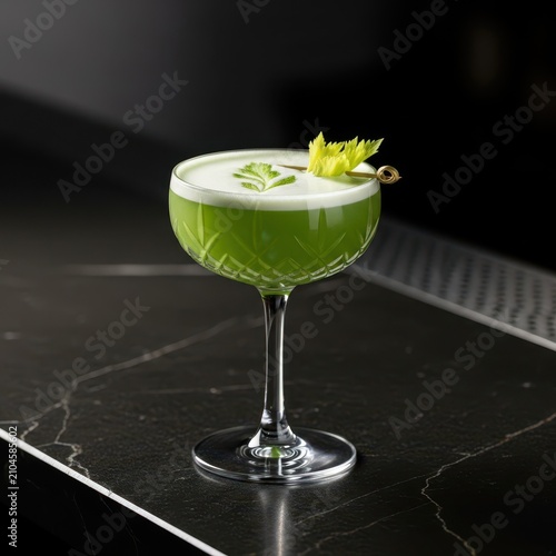 Elegant celery sour cocktail served in a coupe glass on a dark counter, featuring herbaceous notes and a vibrant green hue, bar, vibrant, aquafaba
