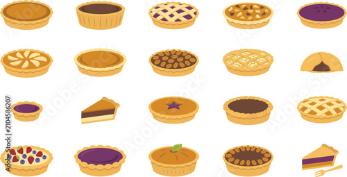 Foto Set of various delicious fruit and savory pies in a minimal flat vector illustra