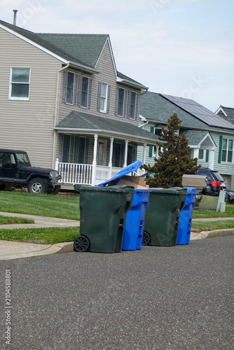 Line of recycling and regular trash cans by the curb on a street