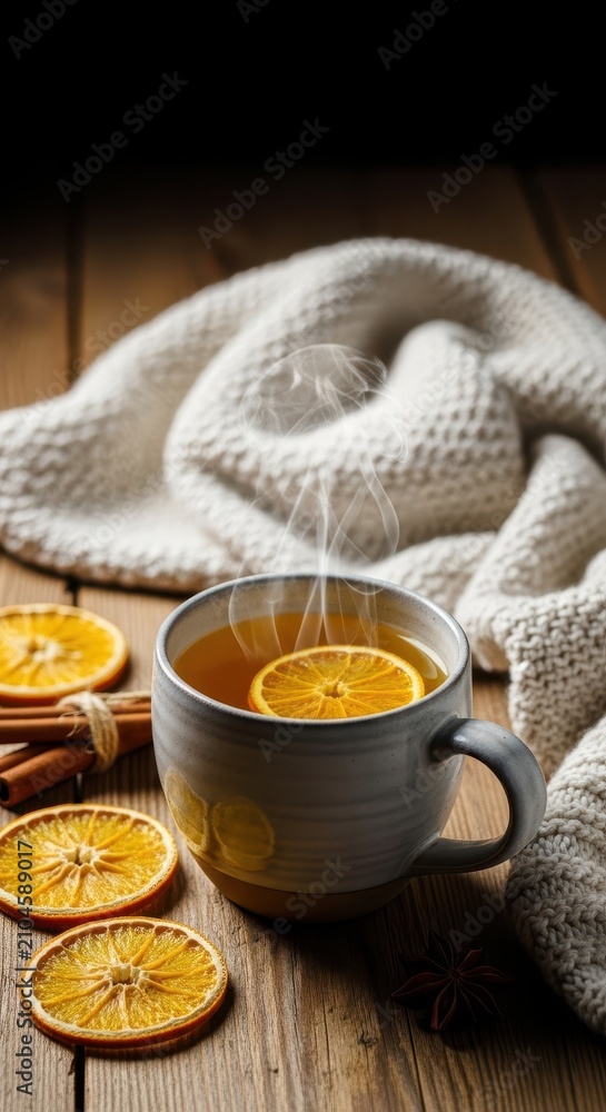 Fototapeta premium Steaming ceramic mug of hot herbal tea sits on a rustic wooden table beside dried orange slices, cinnamon sticks, and a soft knitted throw, wellness, knitted, liquid