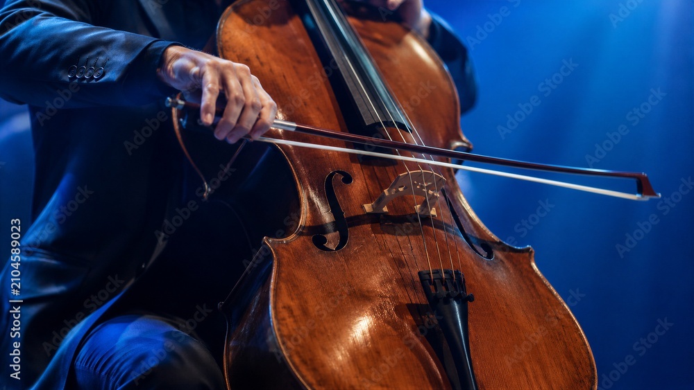 Fototapeta premium Cellist performing with cello on dimly lit concert stage