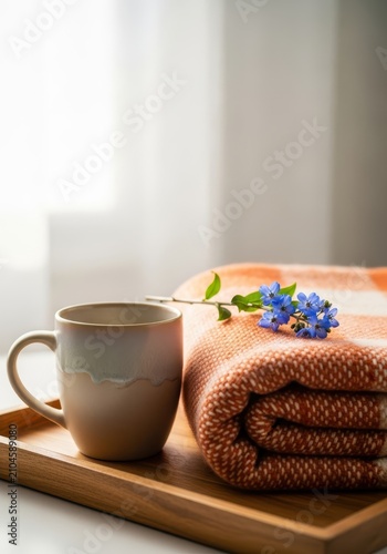 Warm ceramic mug beside a folded wool blanket and a single blooming sprig, arranged thoughtfully on a wooden tray near a soft window light, peace, wellness, solicitous