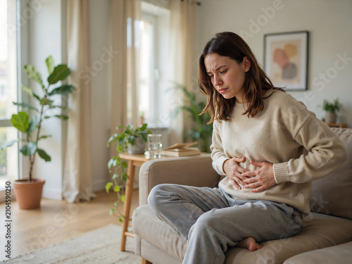 A young woman sitting on a couch in a living room, holding her stomach with a painful expression, suffering from abdominal pain or indigestion