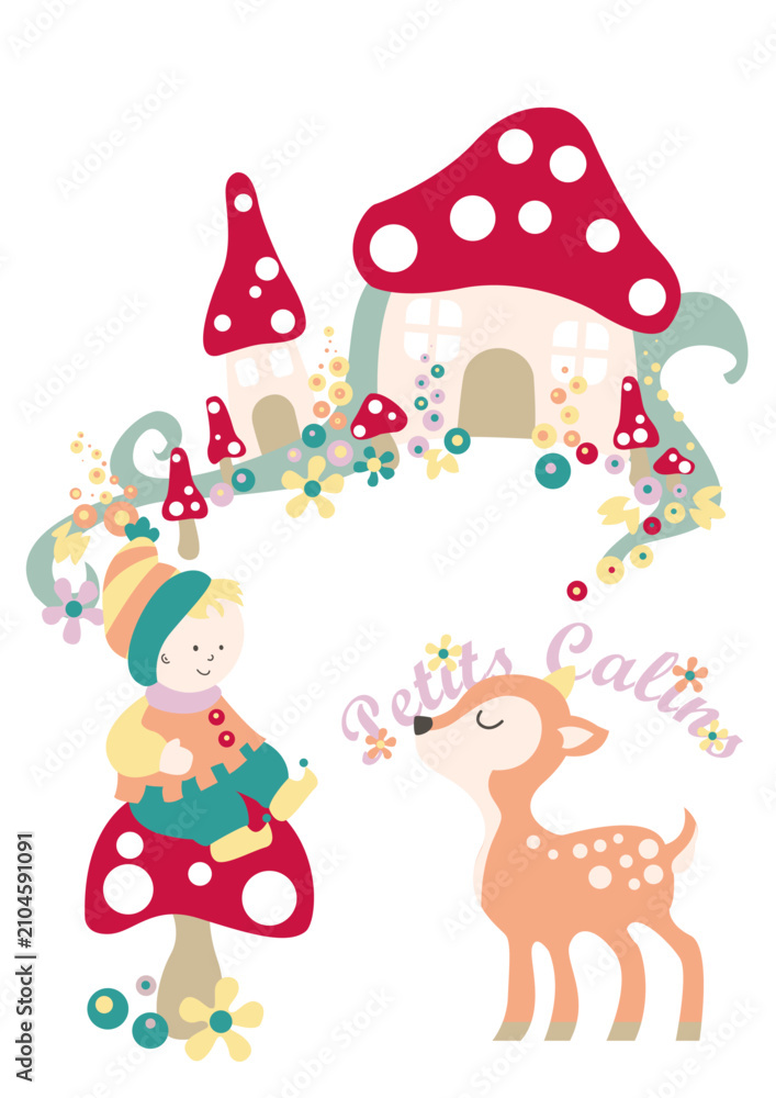 Naklejka premium Cute Autumn Child with Mushroom House and Deer Vector Illustration