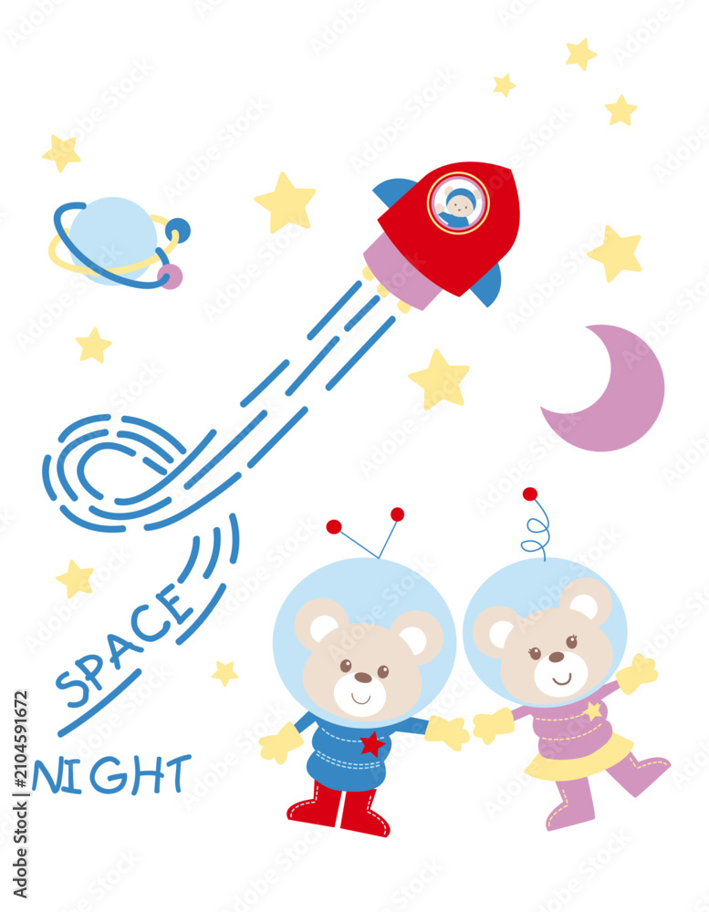 Fototapeta premium Cute Teddy Bear Astronauts in Space with Rocket and Moon Vector
