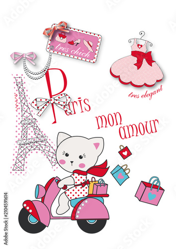 Cute Paris Mon Amour Vector Design with Eiffel Tower Cat and Dress