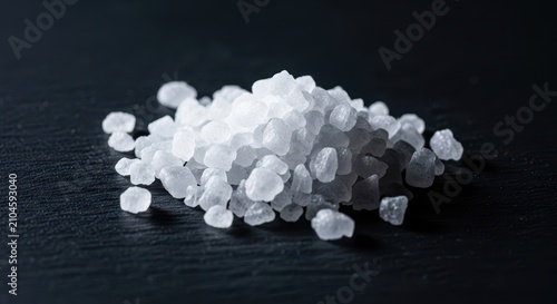 A macro shot showcasing coarse white sea salt crystals scattered on a dark slate surface, highlighting their sharp edges and pure texture, crystallized, preservative, saline