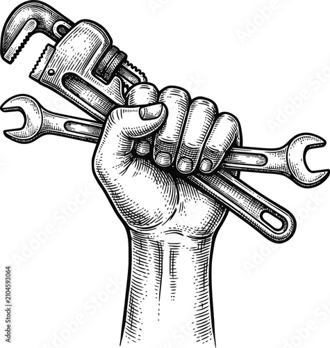 Raised hand holding pipe wrench and spanner tool in vintage engraving style