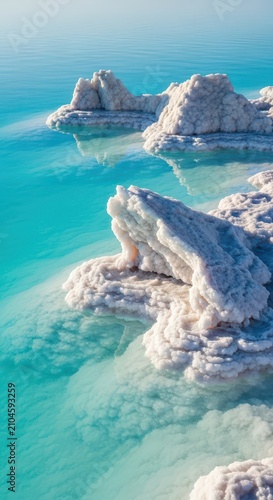 Abstract view of massive, naturally formed geometric salt formations protruding from the turquoise, mineral-dense water of the hypersaline lake, desert, nature, natural wonder