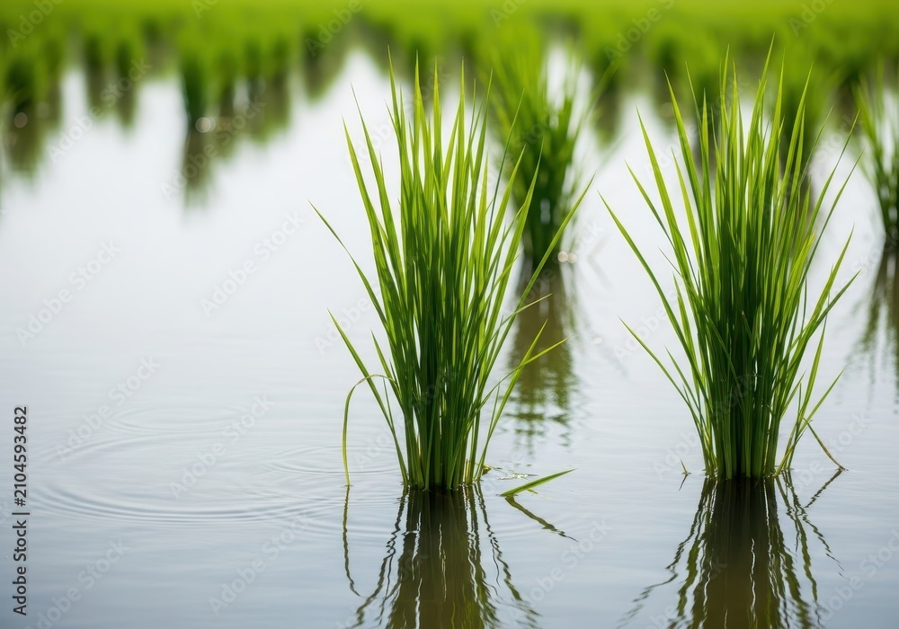Fototapeta premium Lush green stalks of young rice plants growing vigorously in flooded agricultural paddies under the bright summer sunlight, rice, spring, food