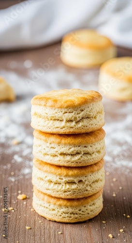Freshly baked golden-brown biscuits stacked neatly on a rustic wooden table with scattered flour crumbs and a soft white cloth background, homemade, stack, fresh