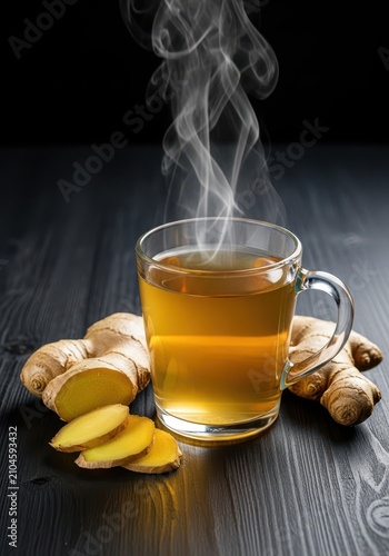 Hot ginger root tea steams in a glass mug beside fresh, sliced ginger rhizome on a textured, dark wooden table backdrop, texture, mug, rhizome