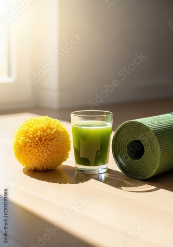 Vibrant yellow pom-poms rest beside a fresh glass of green juice and a rolled yoga mat on a sunlit wooden floor, symbolizing health and joy, smoothie, bright, wellness