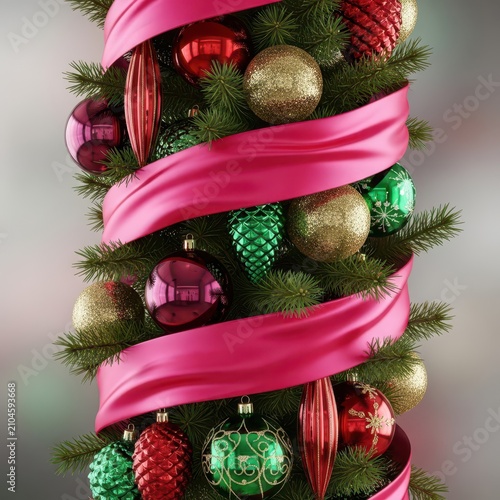 Vibrant pink satin ribbon spiraling around a dense holiday garland featuring large ornaments and sparkling baubles for a festive decor, satin, luxury, stylish