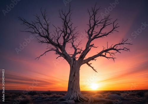 A solitary skeletal dead tree stands against a dramatic sunset sky in a desolate wilderness, its gnarled bare branches reaching upward, winter, field, texture