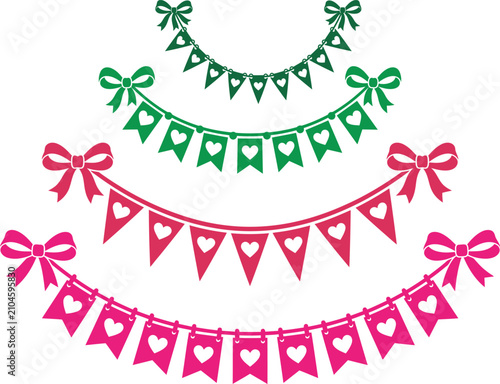 Colorful bunting banners with hearts and bows for festive parties and celebratory events decoration