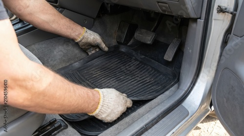 Hands in gloves placing clean black rubber mat onto car floor
