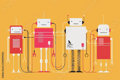 Tableau sur toile A whimsical illustration of four quirky robots connected by wires