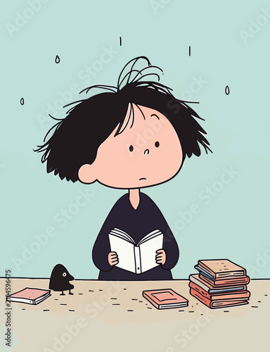 Obraz na plátně A young girl engrossed in a book, with a curious black bird observing nearby
