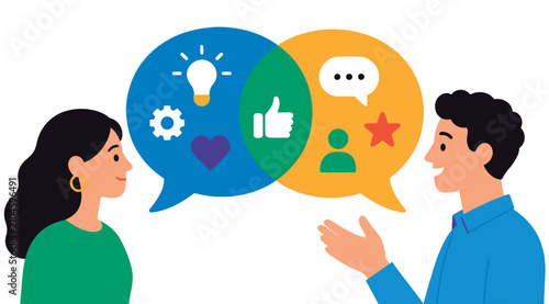 Foto Two individuals engaged in a vibrant conversation, symbolized by colorful speech bubbles filled with icons representing ideas, appreciation, and connection