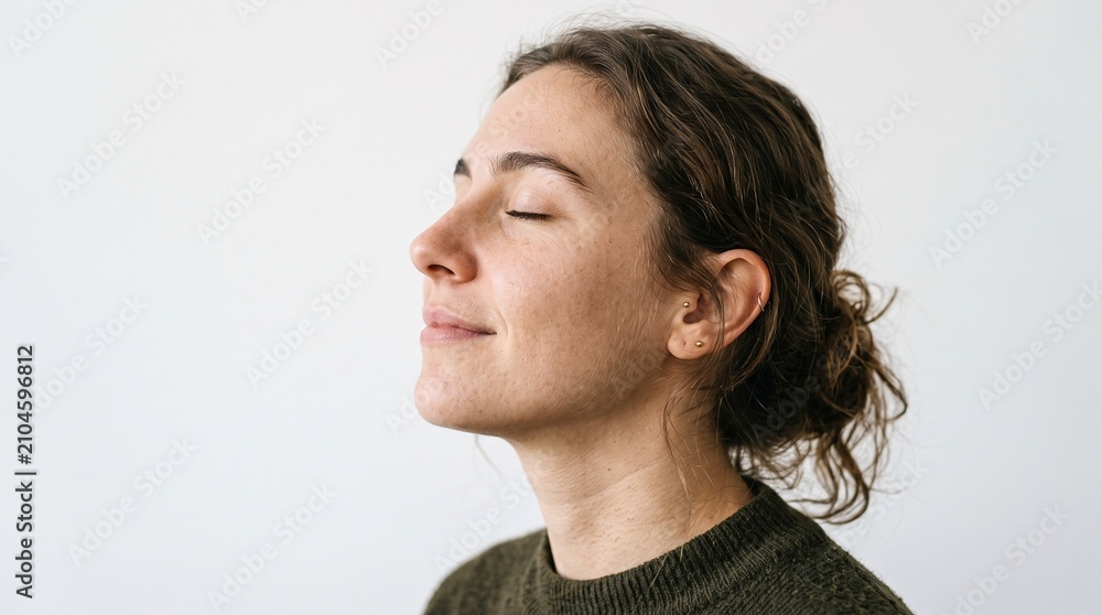 Naklejka premium Young woman with eyes closed and a slight smile, appearing to be in a moment of peace and reflection